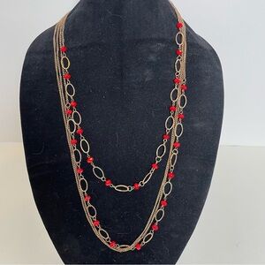 Vintage Red Bead and Antiqued Gold Tone Necklace